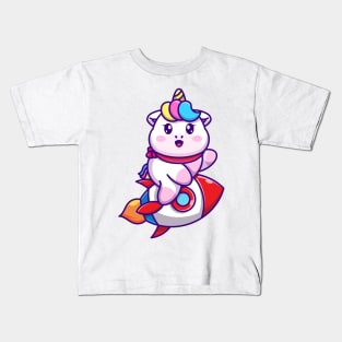 Cute unicorn riding rocket cartoon Kids T-Shirt